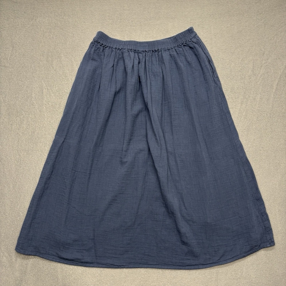 Pact Organic Cotton Gauze Tulip Faux Wrap Midi Skirt Navy Blue Size L Coastal - Picture 14 of 16